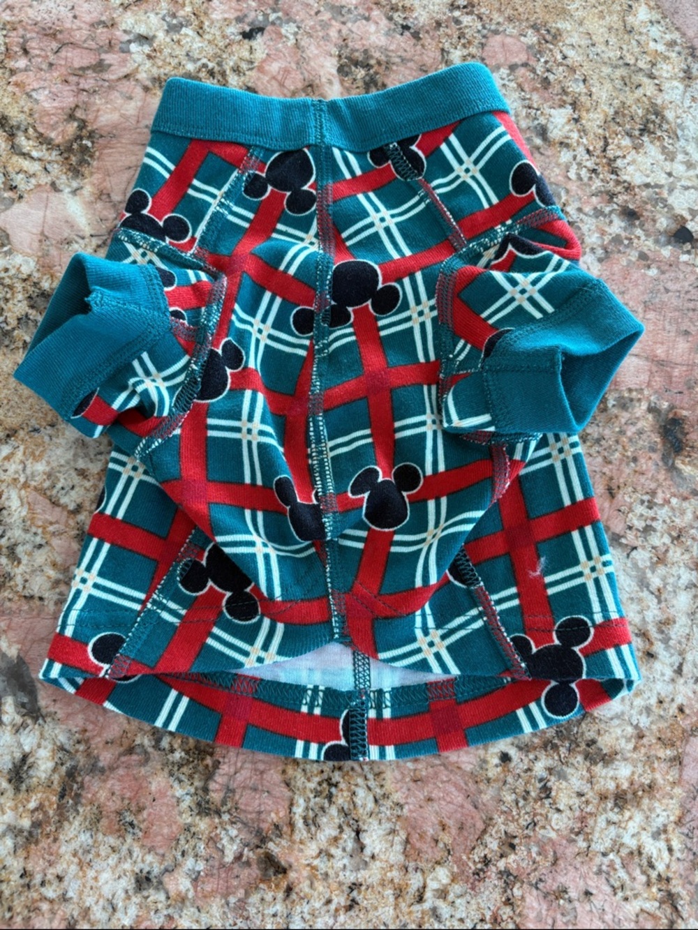 Mickey themed Dog coat in Teal Plaid Cotton Stretch with Red Accents-Size S
